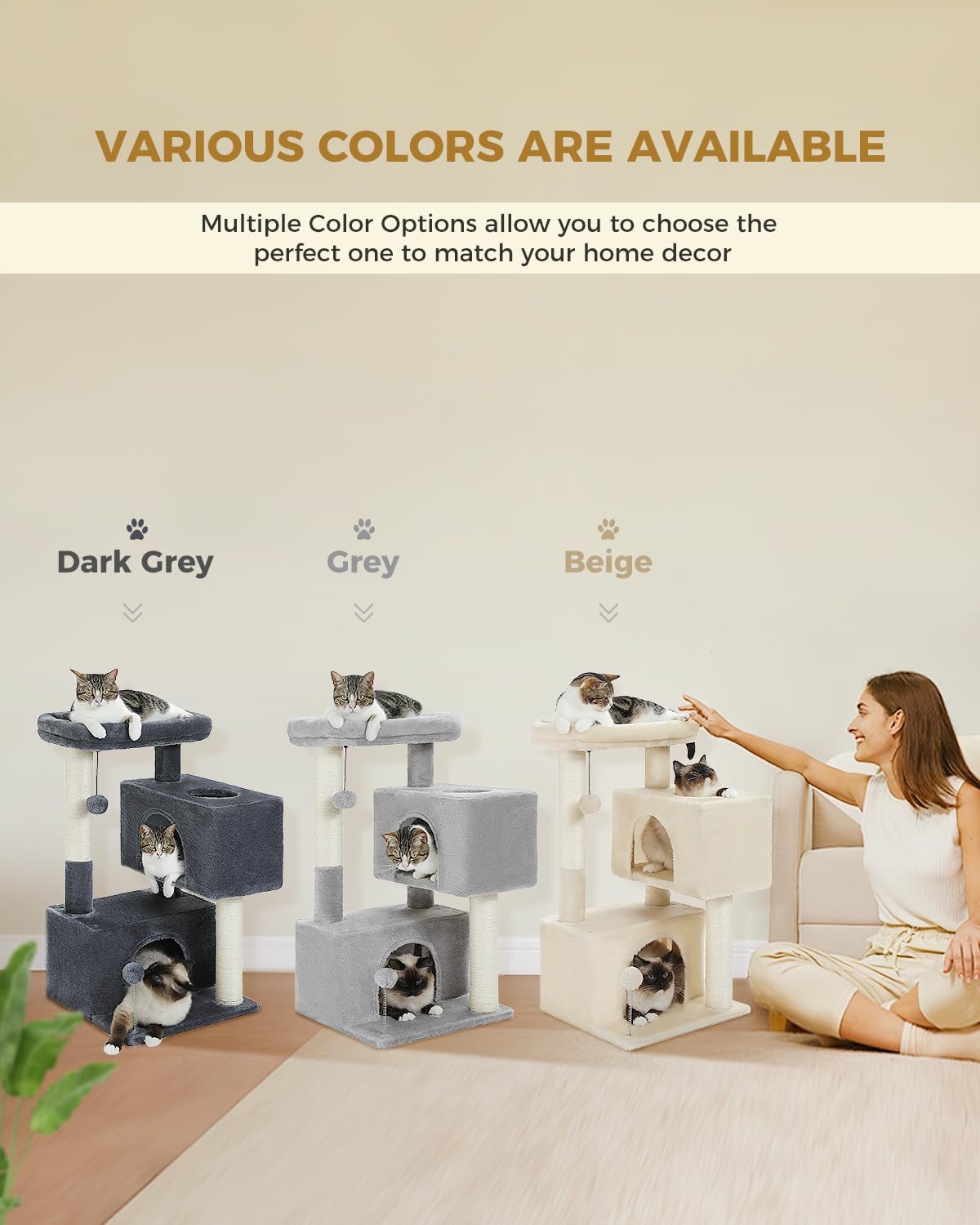 Deluxe 32" Light Grey Cat Tree Tower – Multi-Level Condos, Scratching Posts, Plush Perch & Play Toys