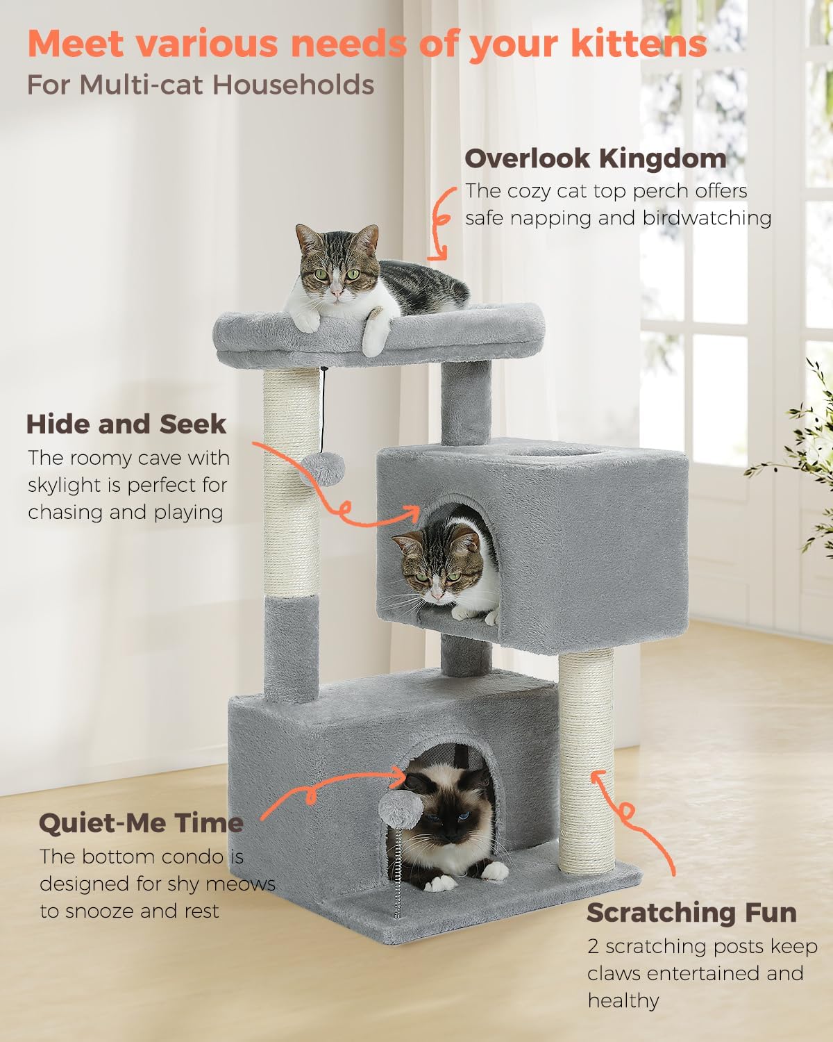 Deluxe 32" Light Grey Cat Tree Tower – Multi-Level Condos, Scratching Posts, Plush Perch & Play Toys