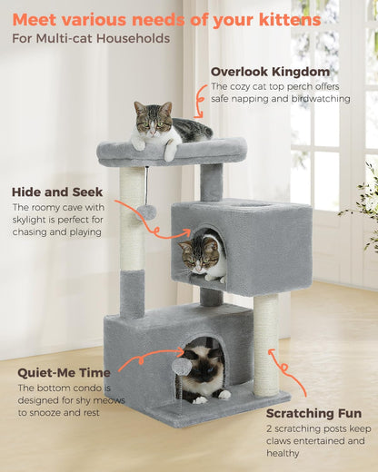 Deluxe 32" Light Grey Cat Tree Tower – Multi-Level Condos, Scratching Posts, Plush Perch & Play Toys