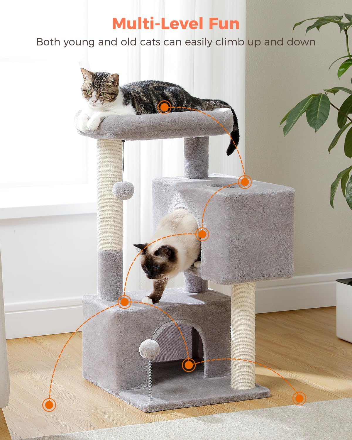 Deluxe 32" Light Grey Cat Tree Tower – Multi-Level Condos, Scratching Posts, Plush Perch & Play Toys