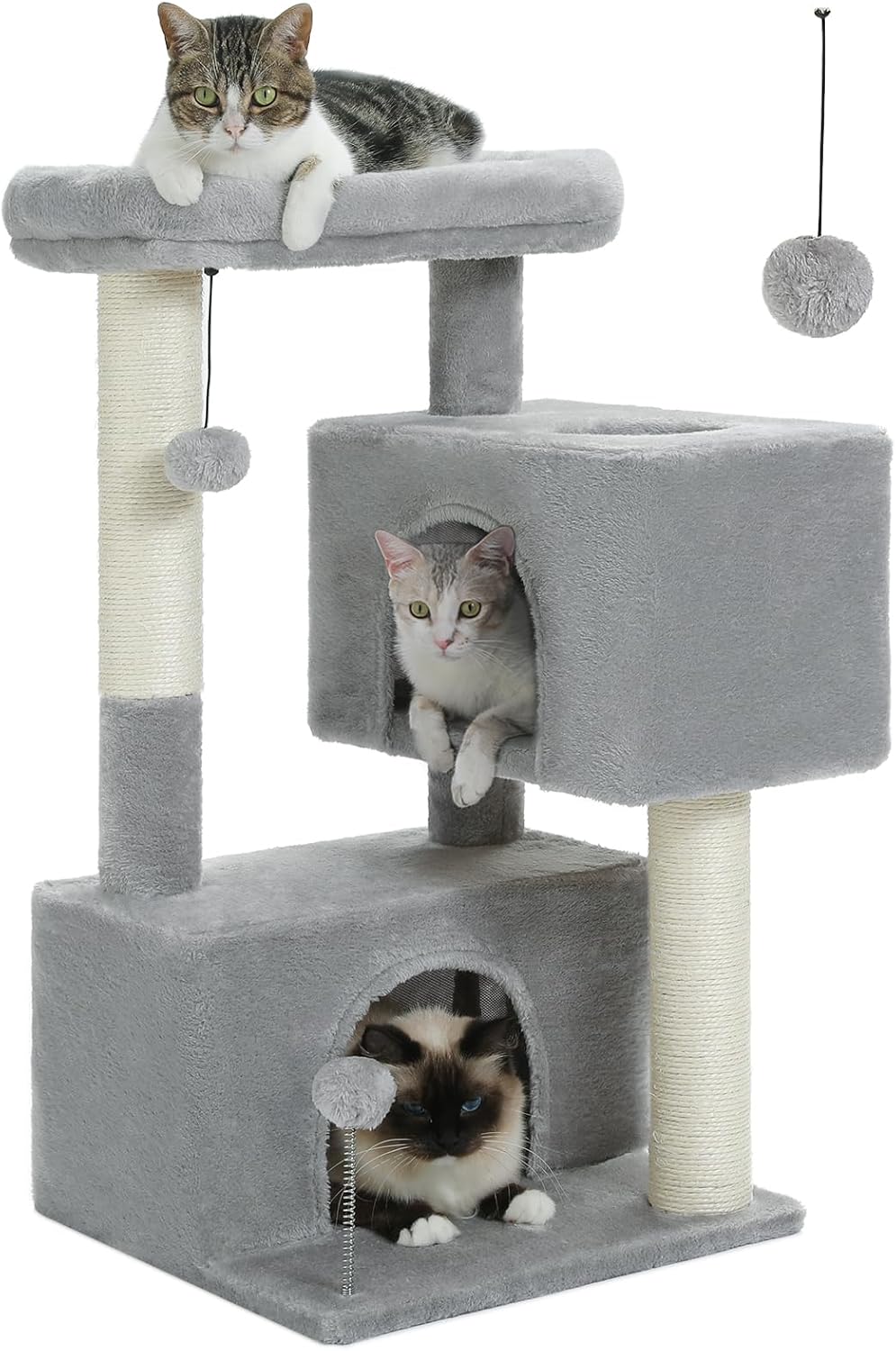 Deluxe 32" Light Grey Cat Tree Tower – Multi-Level Condos, Scratching Posts, Plush Perch & Play Toys