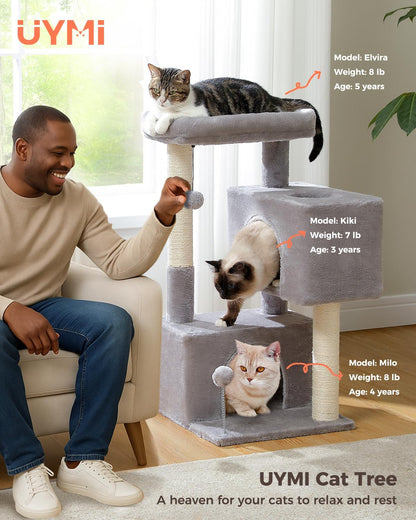 Deluxe 32" Light Grey Cat Tree Tower – Multi-Level Condos, Scratching Posts, Plush Perch & Play Toys