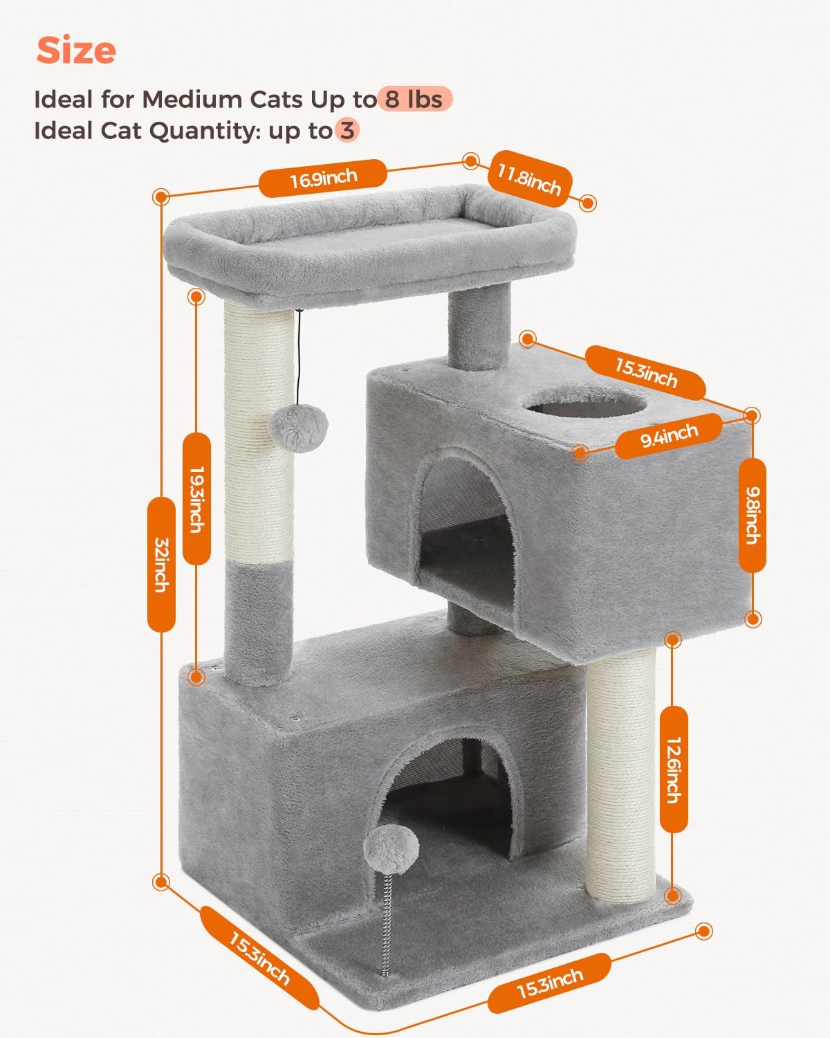 Deluxe 32" Light Grey Cat Tree Tower – Multi-Level Condos, Scratching Posts, Plush Perch & Play Toys