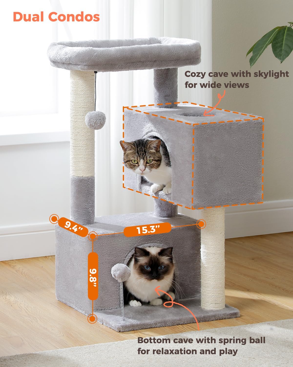 Deluxe 32" Light Grey Cat Tree Tower – Multi-Level Condos, Scratching Posts, Plush Perch & Play Toys