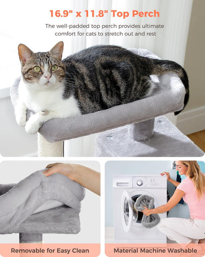 Deluxe 32" Light Grey Cat Tree Tower – Multi-Level Condos, Scratching Posts, Plush Perch & Play Toys