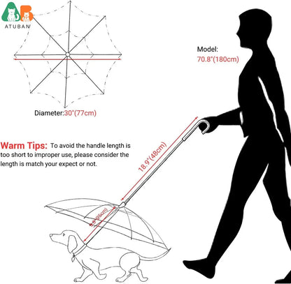 Dog Umbrella with Leash – Clear J-Handle for Small Pets (20" Back Length)