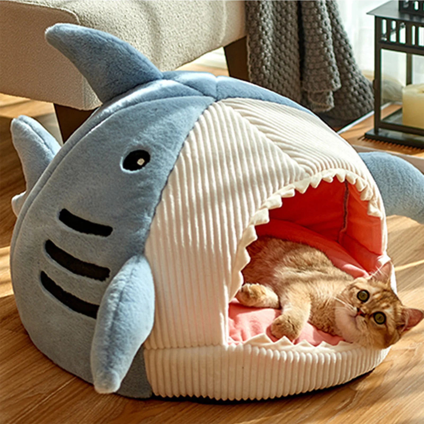 Shark-Shaped Cozy Cat Cave Bed – Warm Winter Mat House for Cats & Small Dogs