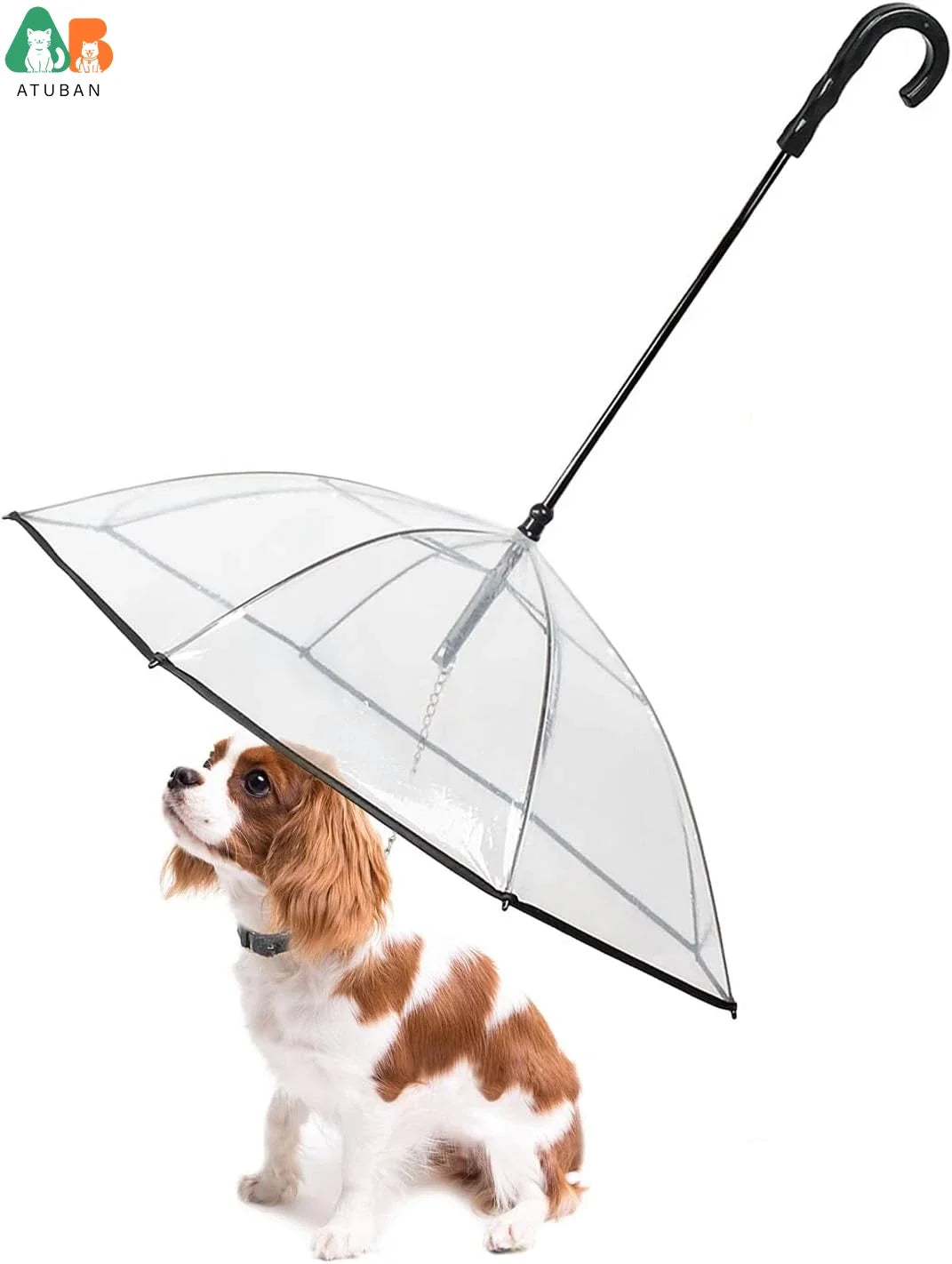 Dog Umbrella with Leash – Clear J-Handle for Small Pets (20" Back Length)