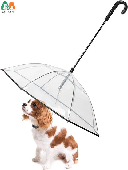 Dog Umbrella with Leash – Clear J-Handle for Small Pets (20" Back Length)
