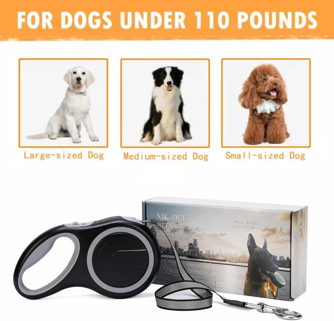 26Ft Retractable Dog Leash, Heavy Duty Great Leash for Dog up to 110 Lbs, Anti-Slip Rubberized Handle, One-Handed Brake, Strong Nylon Tape, Tangle Free(Large Size).